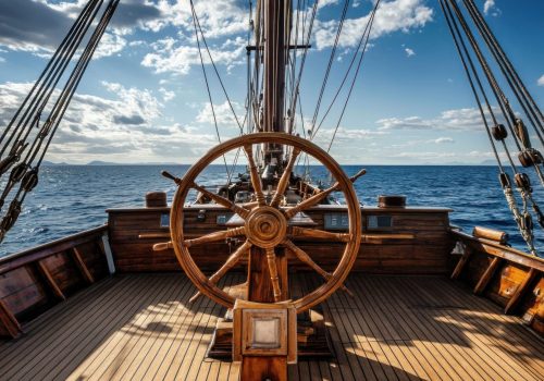 the deck from behind the ships wheel on an old pirate sailing ship in open sea on sunny day , high-quality, free lens, clean, tidy, to capture the intricate details and textures of. minimize noise and achieve a clean. The image should be rendered in photorealistic detail, Utilize natural light or studio lighting with softboxes or umbrellas to create even, flattering illumination , highlighting colors. In post-production, adjust the image's contrast, brightness, --ar 16:7 --stylize 50 --v 6.1 Job ID: 8a9ac914-6a77-4cab-bfb1-cb111cb85b25